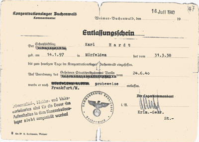 Entlassungsschein von Karl Hardt KZ Buchenwald, 24. Juni 1940